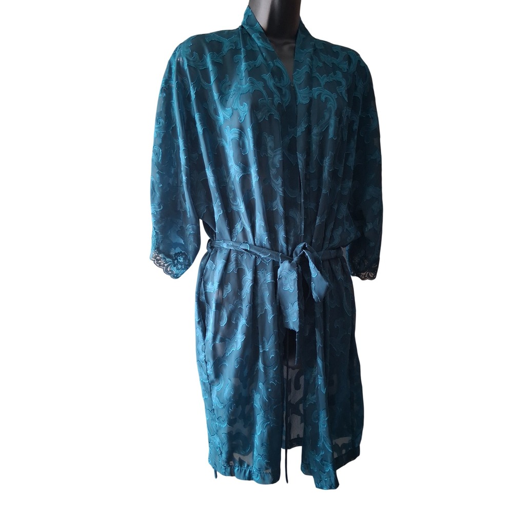 Fredericks of Hollywood‎ Teal Sheer Mesh Lace Trim Robe Damask Scroll Vintage L